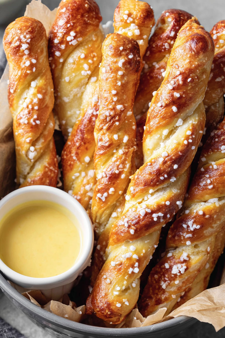 A bowl of pretzels with a dipping sauce.