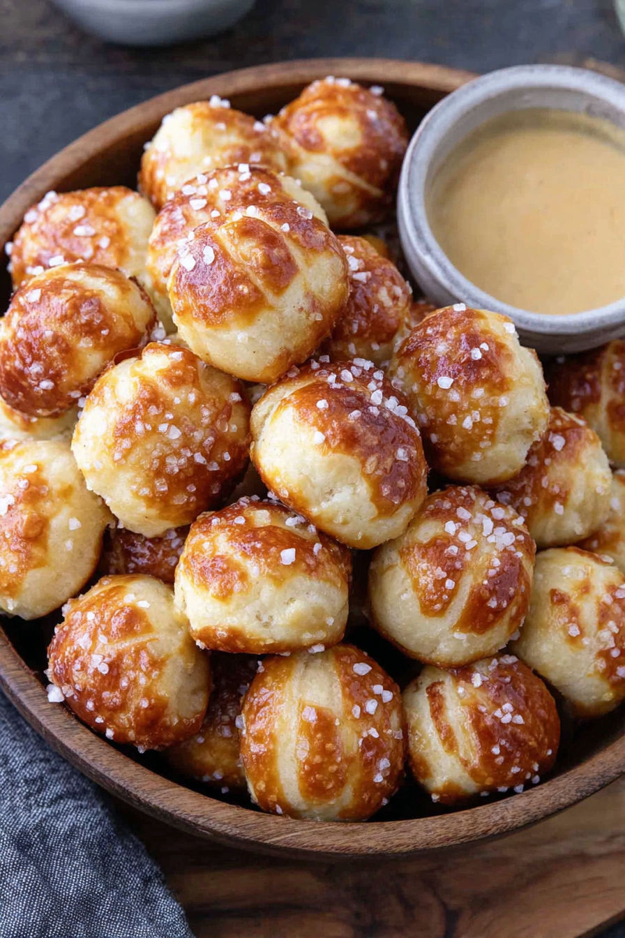 A bowl of pretzel bites with a dipping sauce.