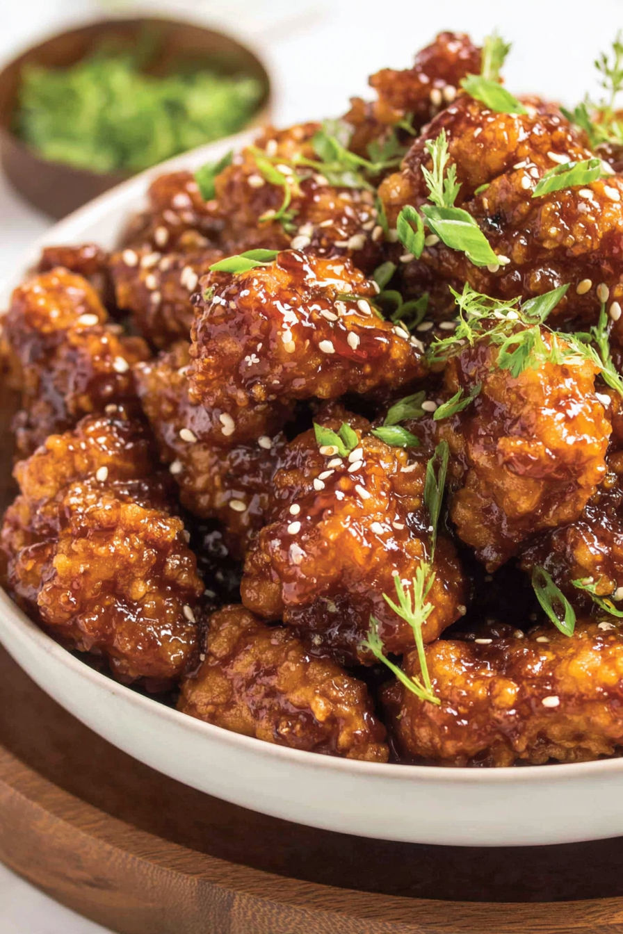 A bowl of chicken with sauce.