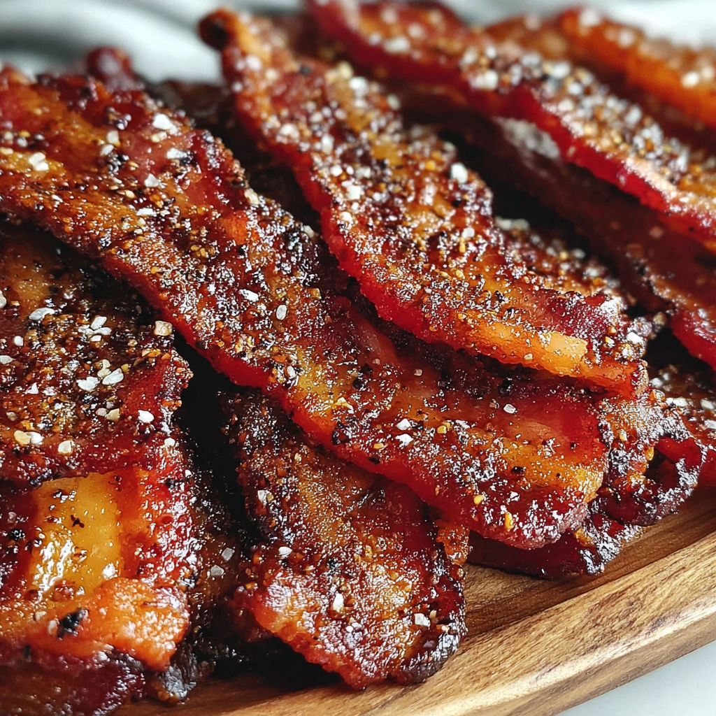 Bacon slices with seasoning on a wooden platter.