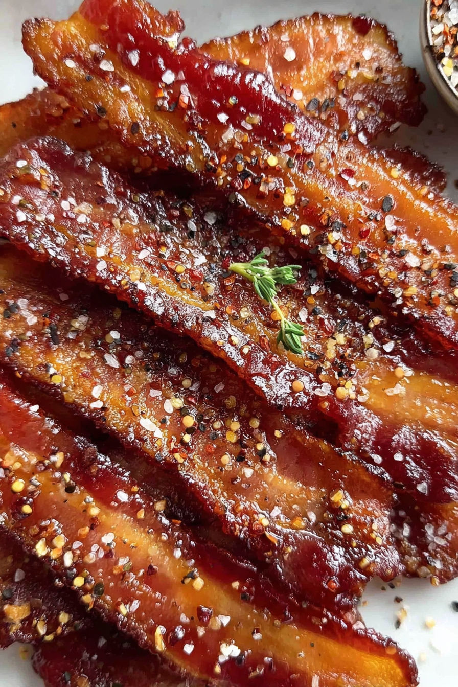 Candied bacon with pepper and spices.
