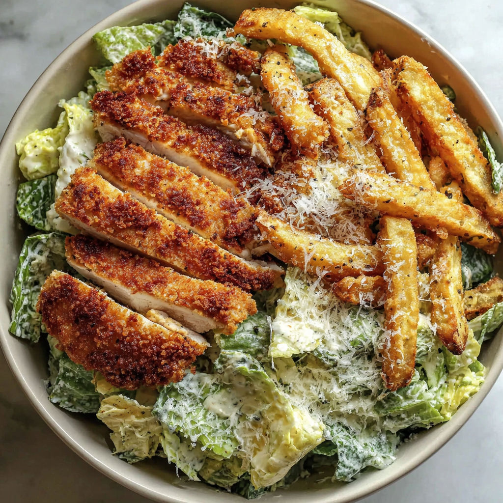 A bowl of chicken salad with fries and cheese.