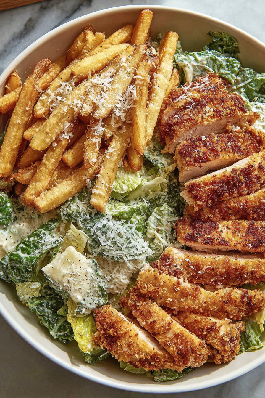 A bowl of chicken salad with fries and honey.