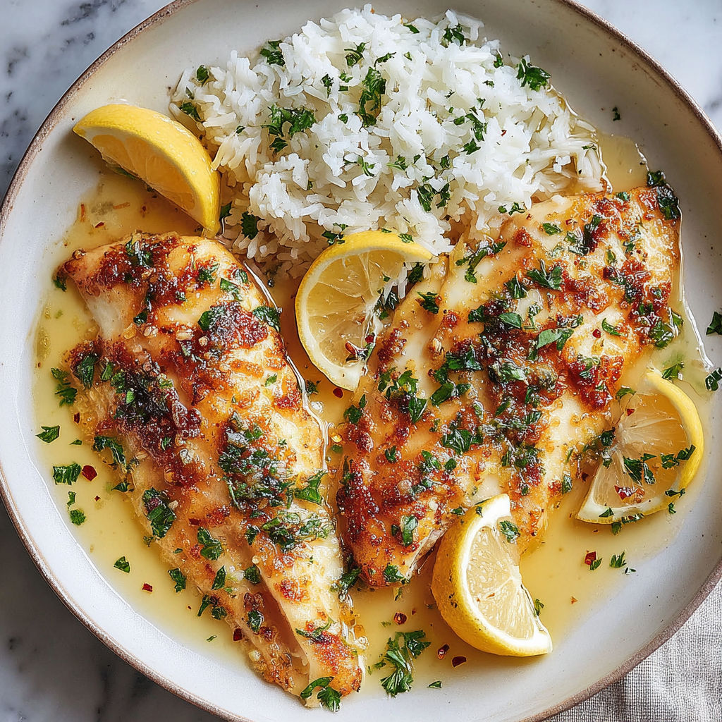 A plate of fish with lemon and garlic butter.