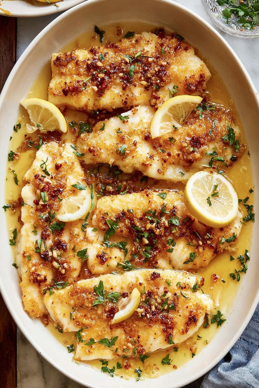 A plate of fish with lemon and garlic butter.