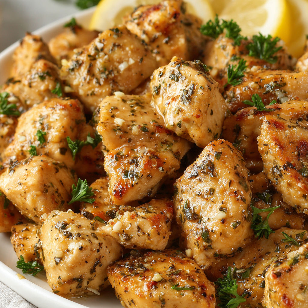 A plate of garlic butter chicken bites.