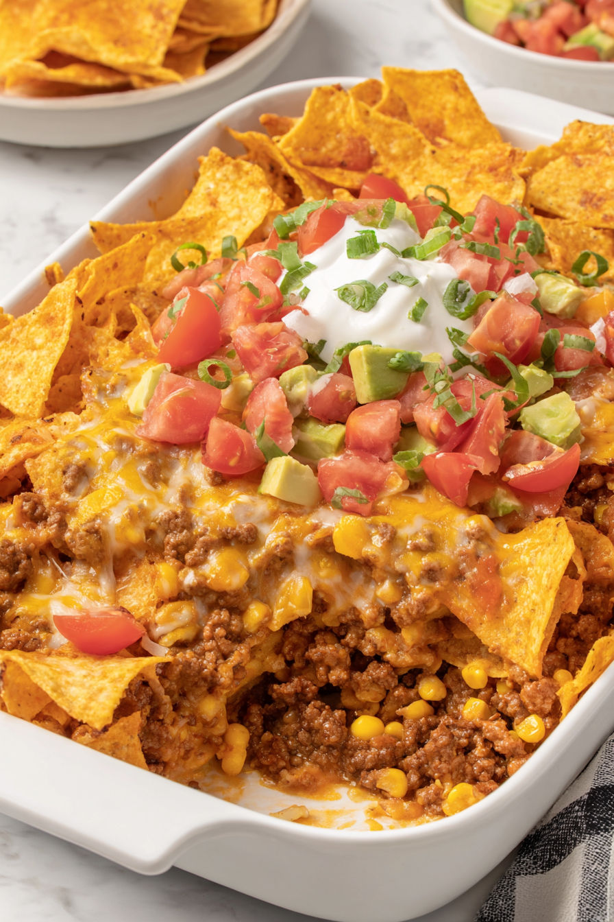 A casserole with chips and cheese on top.