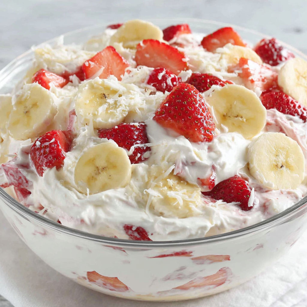 A bowl of strawberry banana cheesecake salad.
