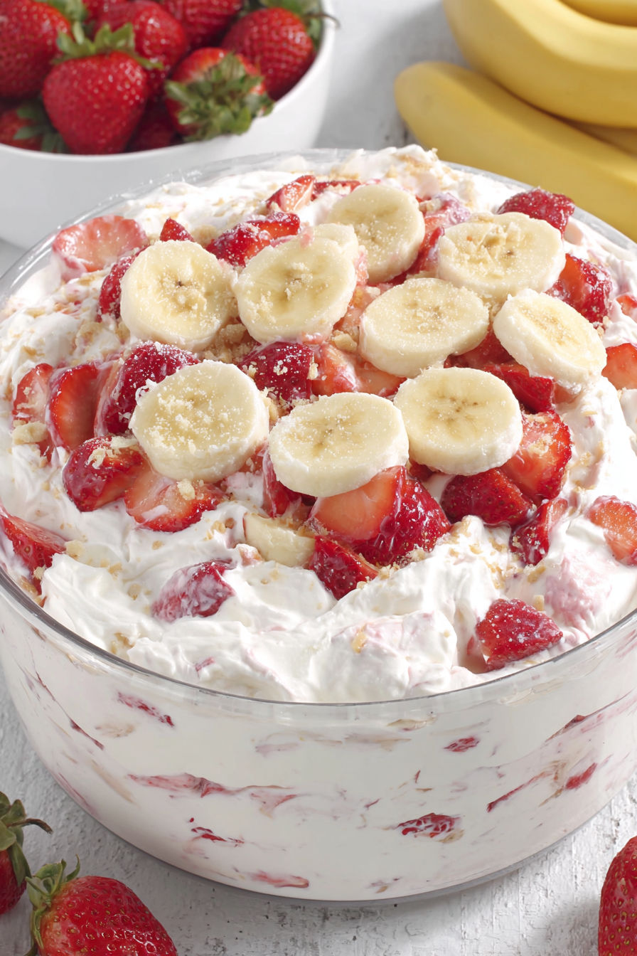A close up of a strawberry banana cheesecake salad.