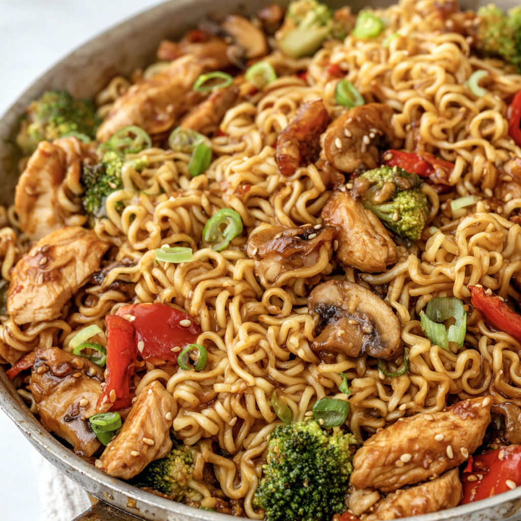 A bowl of chicken stir fry with noodles and vegetables.