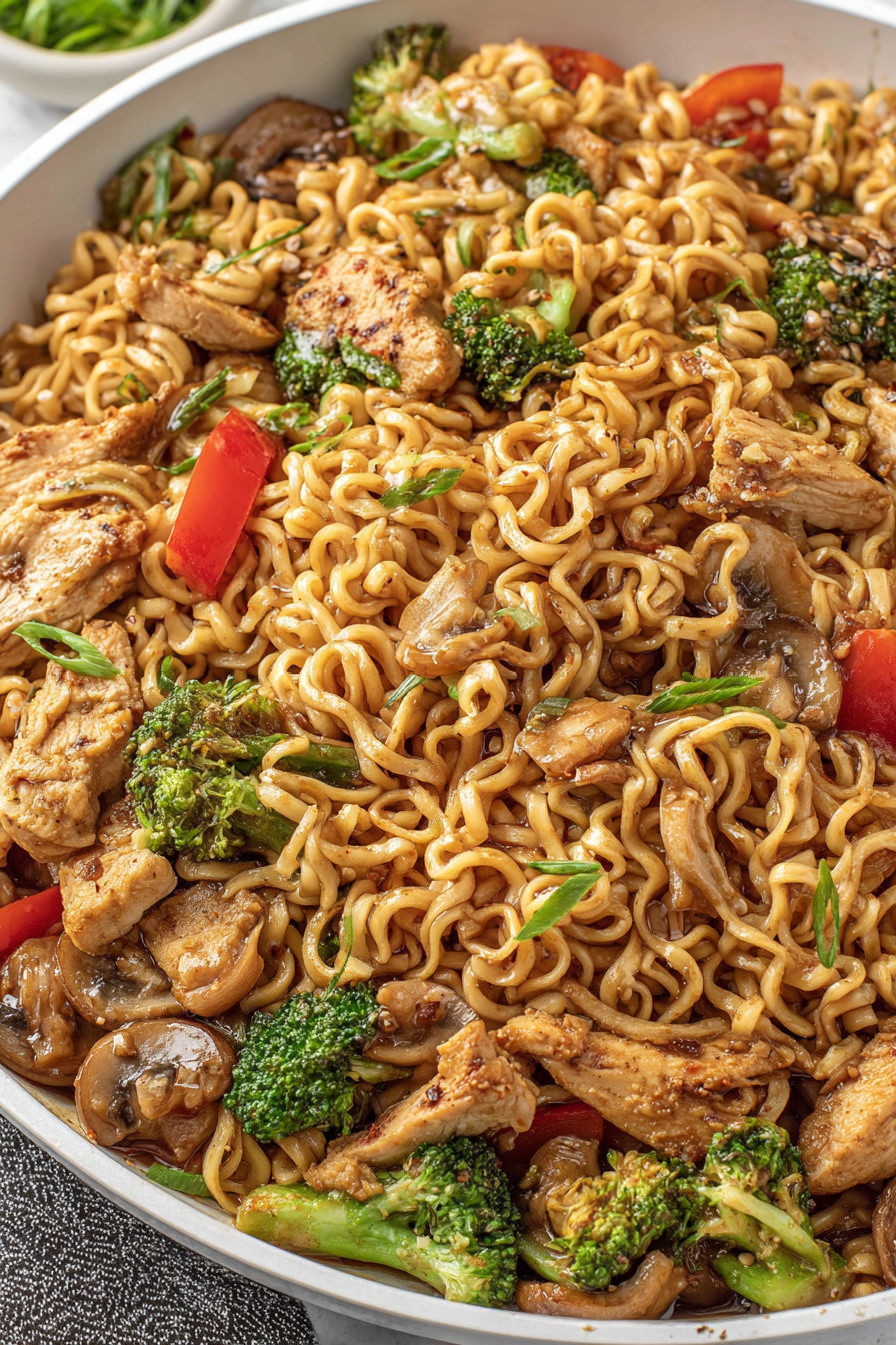 A stir fry with chicken, broccoli, and noodles.