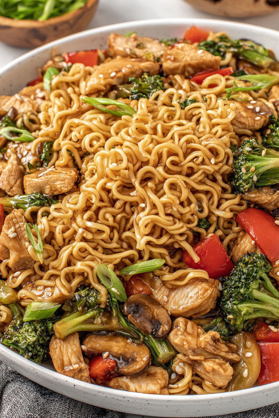 A bowl of chicken stir fry with noodles and broccoli.