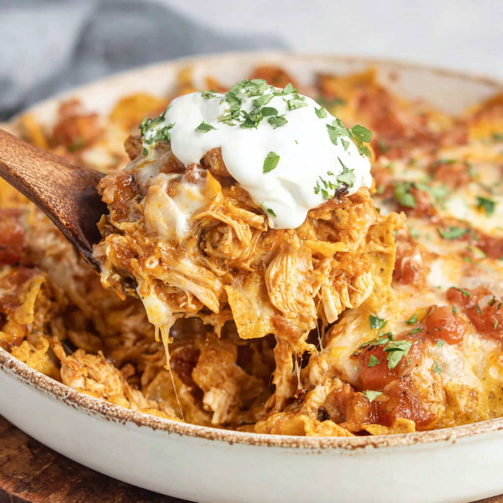 A bowl of chicken taco casserole with a spoon in it.