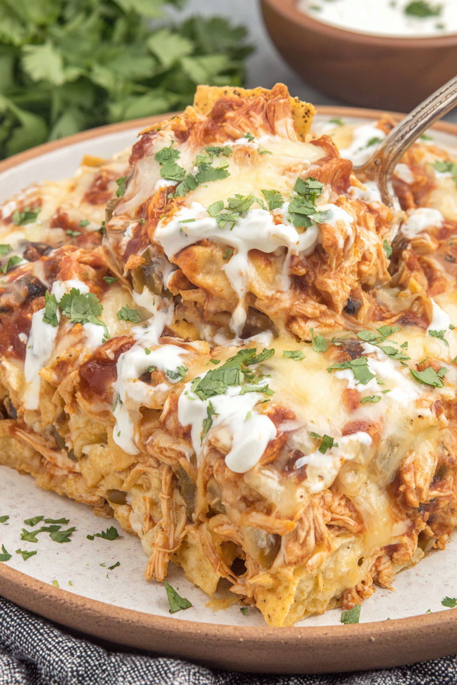 A plate of chicken taco casserole with white sauce.