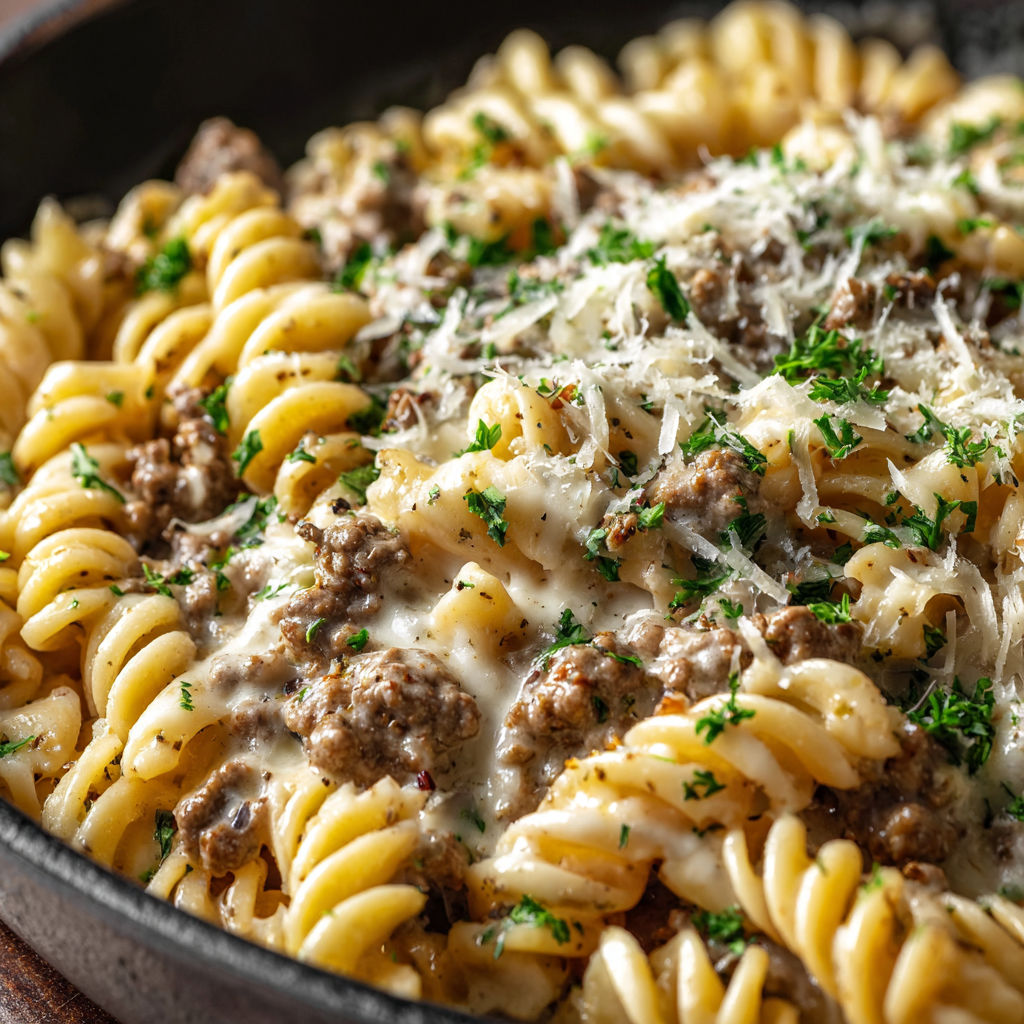 A delicious meal of pasta with ground beef and cheese.