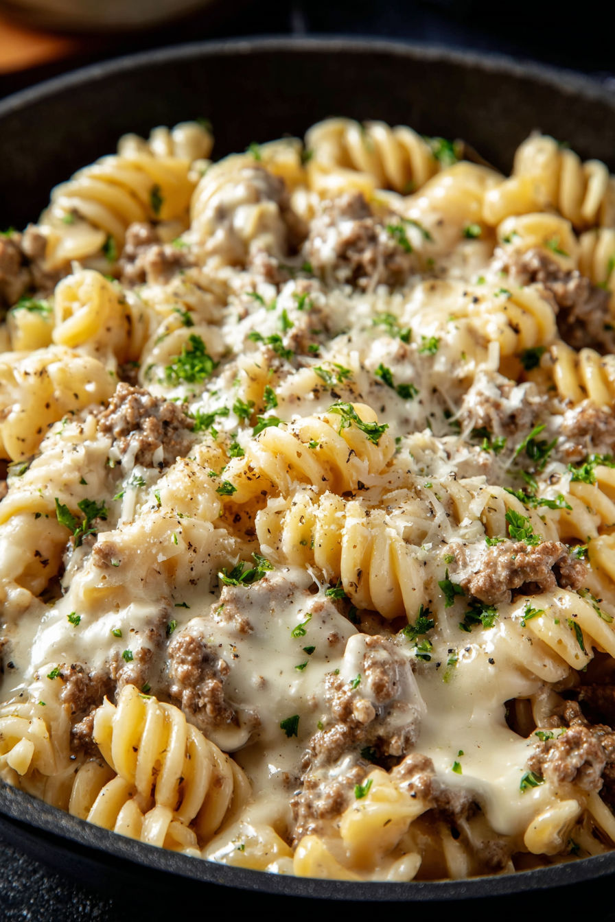 A delicious meal of pasta with ground beef and cheese.