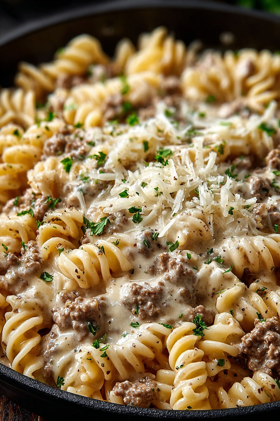 A delicious pasta dish with ground beef and cheese.