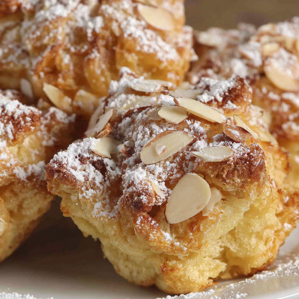 Almond croissant bites covered in powdered sugar.