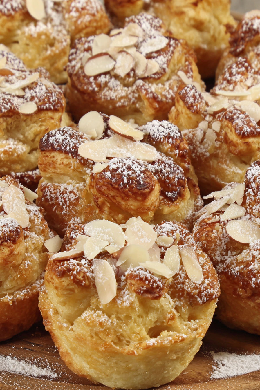 Almond croissant bites covered in powdered sugar.