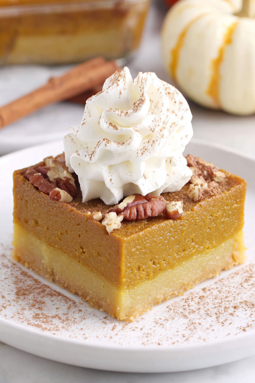 A slice of pumpkin pie bars with whipped cream on top.