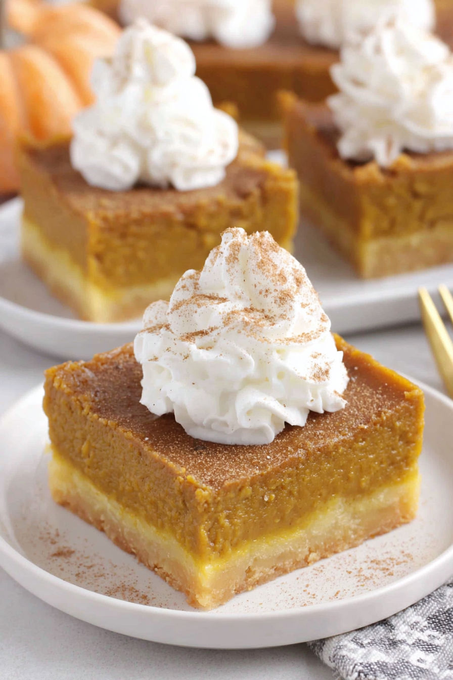 A slice of pumpkin pie with whipped cream on top.