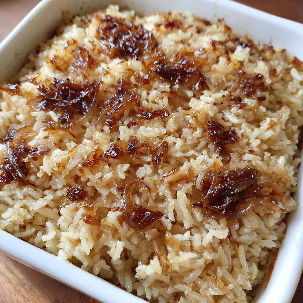 A white bowl filled with rice and onions.