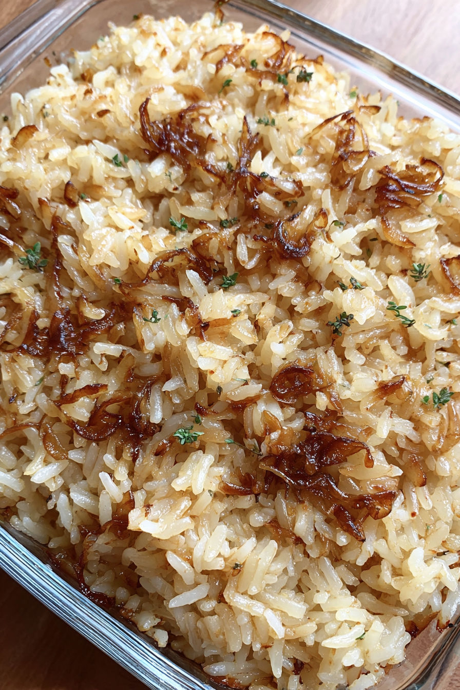 A close up of a rice bake with onions.