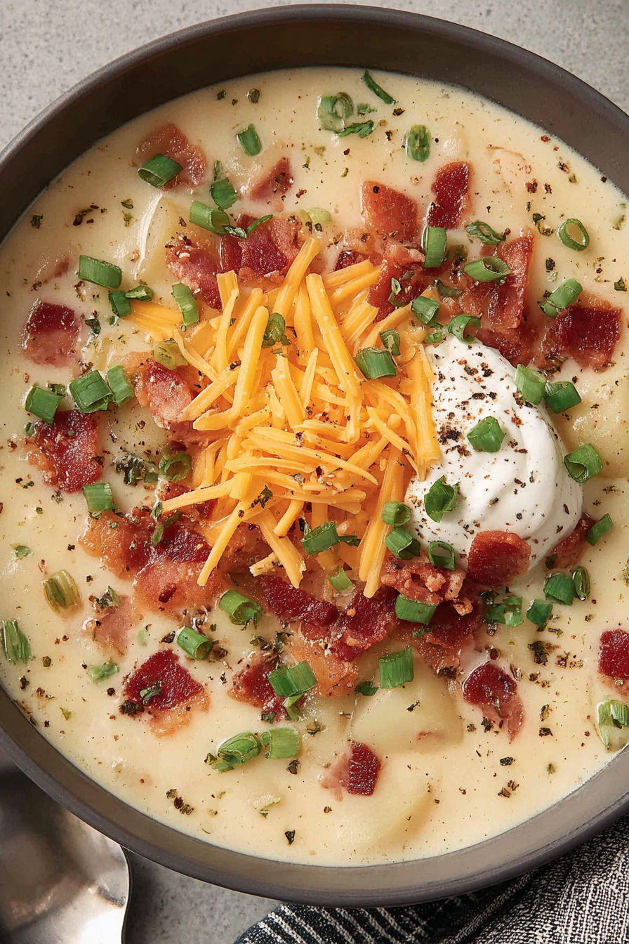 A creamy crockpot potato soup recipe with bacon and cheese.