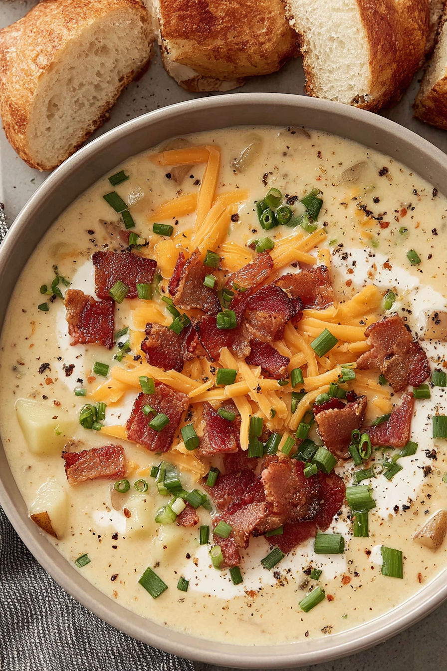 A bowl of soup with bacon and green onions.