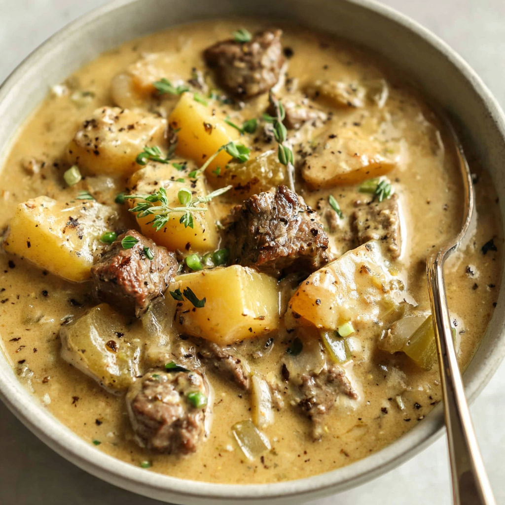 A bowl of creamy steak and potato soup.