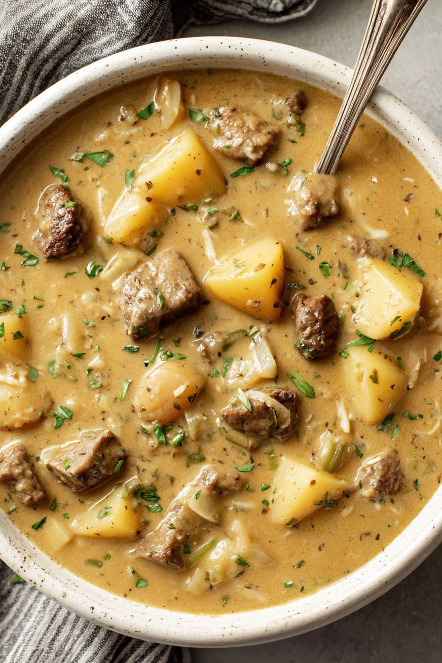 A bowl of creamy steak and potato soup.