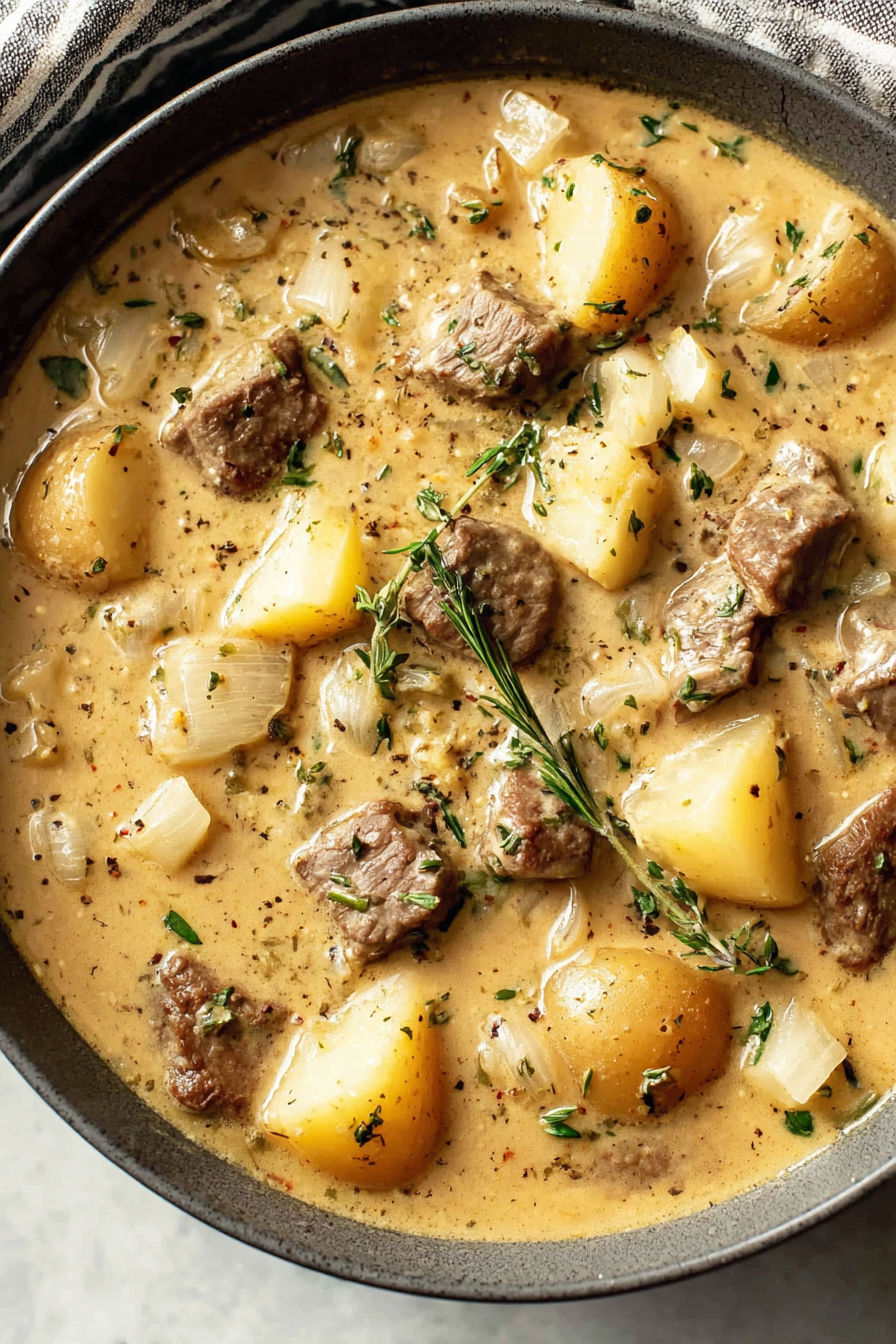 A pot of steak and potato soup with a spoon in it.