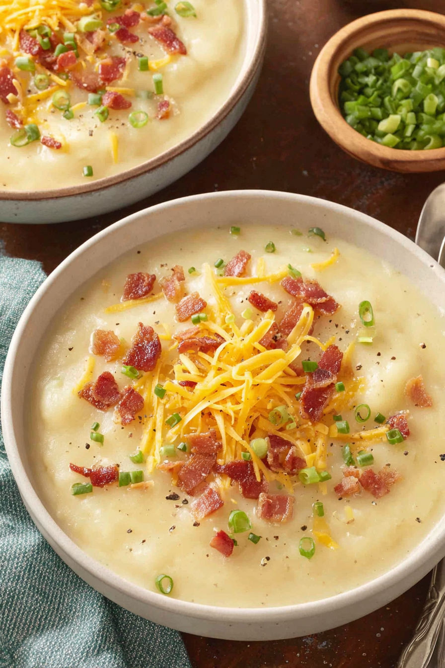 A bowl of creamy potato soup with bacon bits on top.