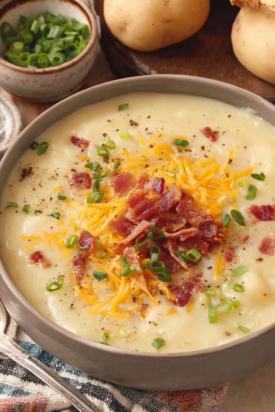 A bowl of soup with bacon and cheese.
