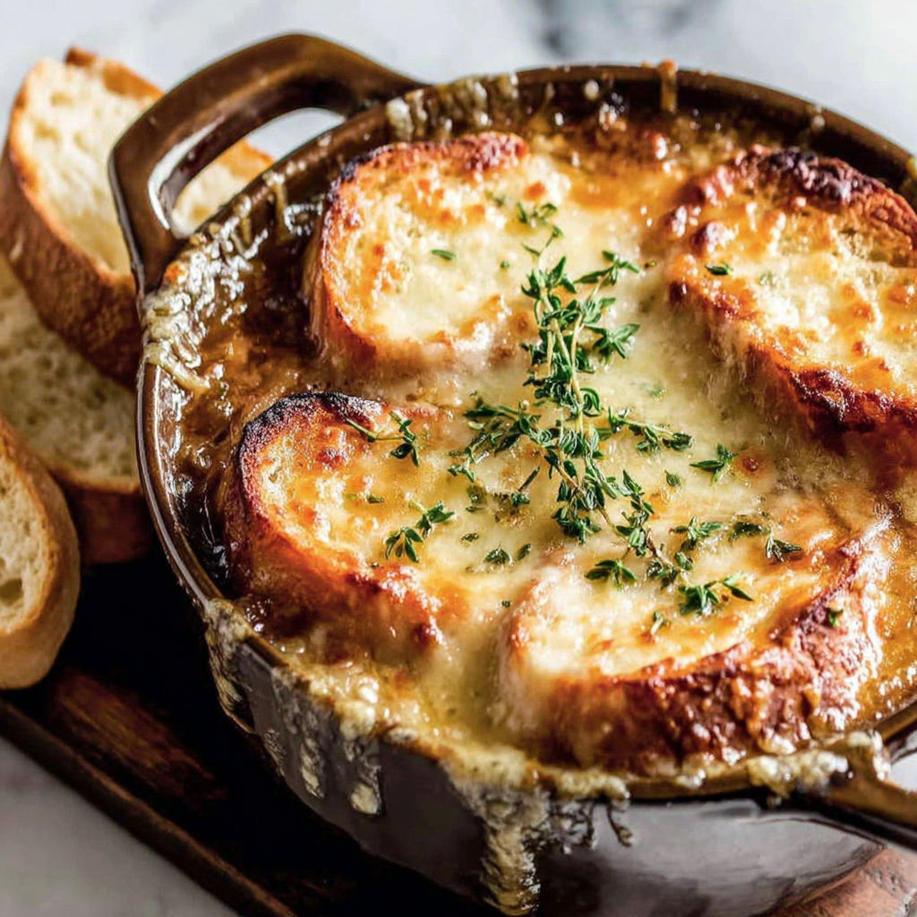 A bowl of French onion soup with bread on the side.