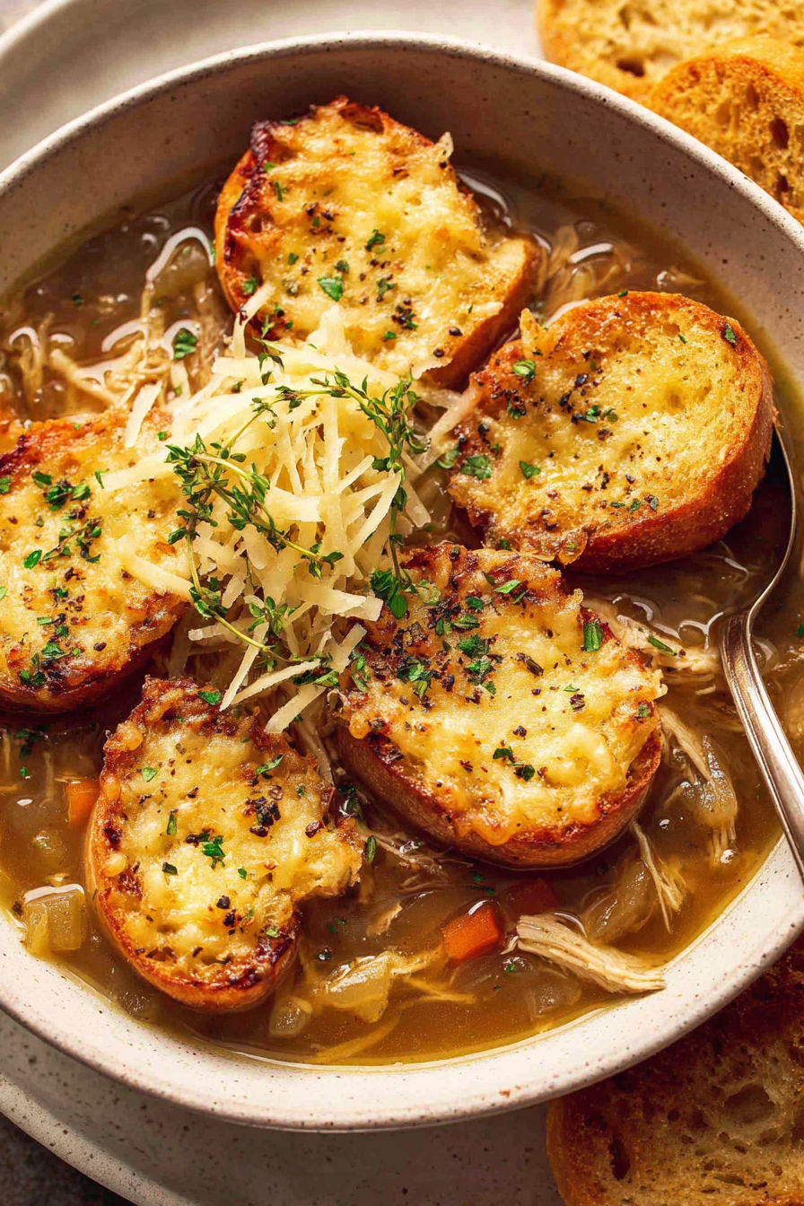 A bowl of soup with bread and cheese on top.