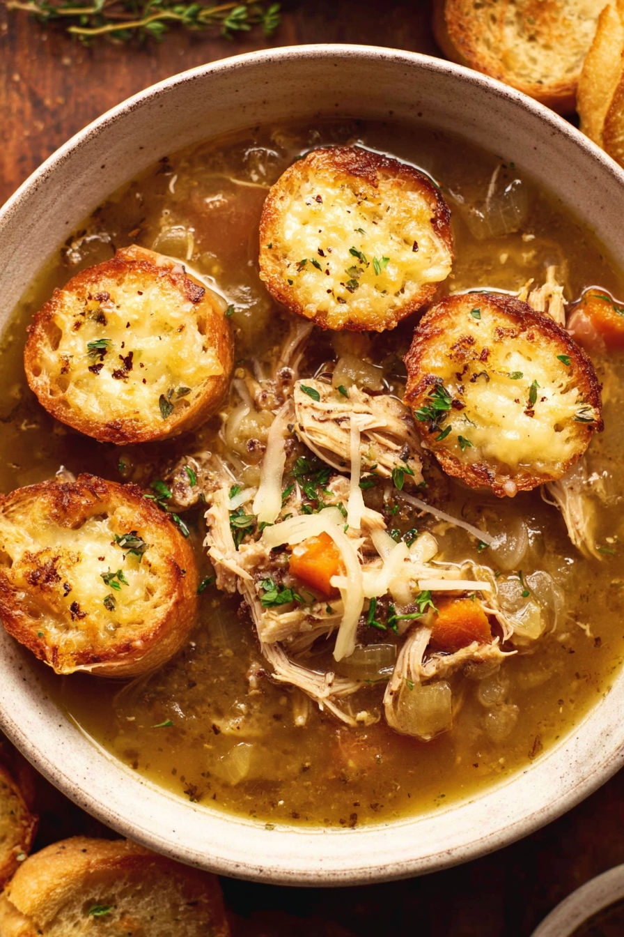 A bowl of soup with bread and meat in it.