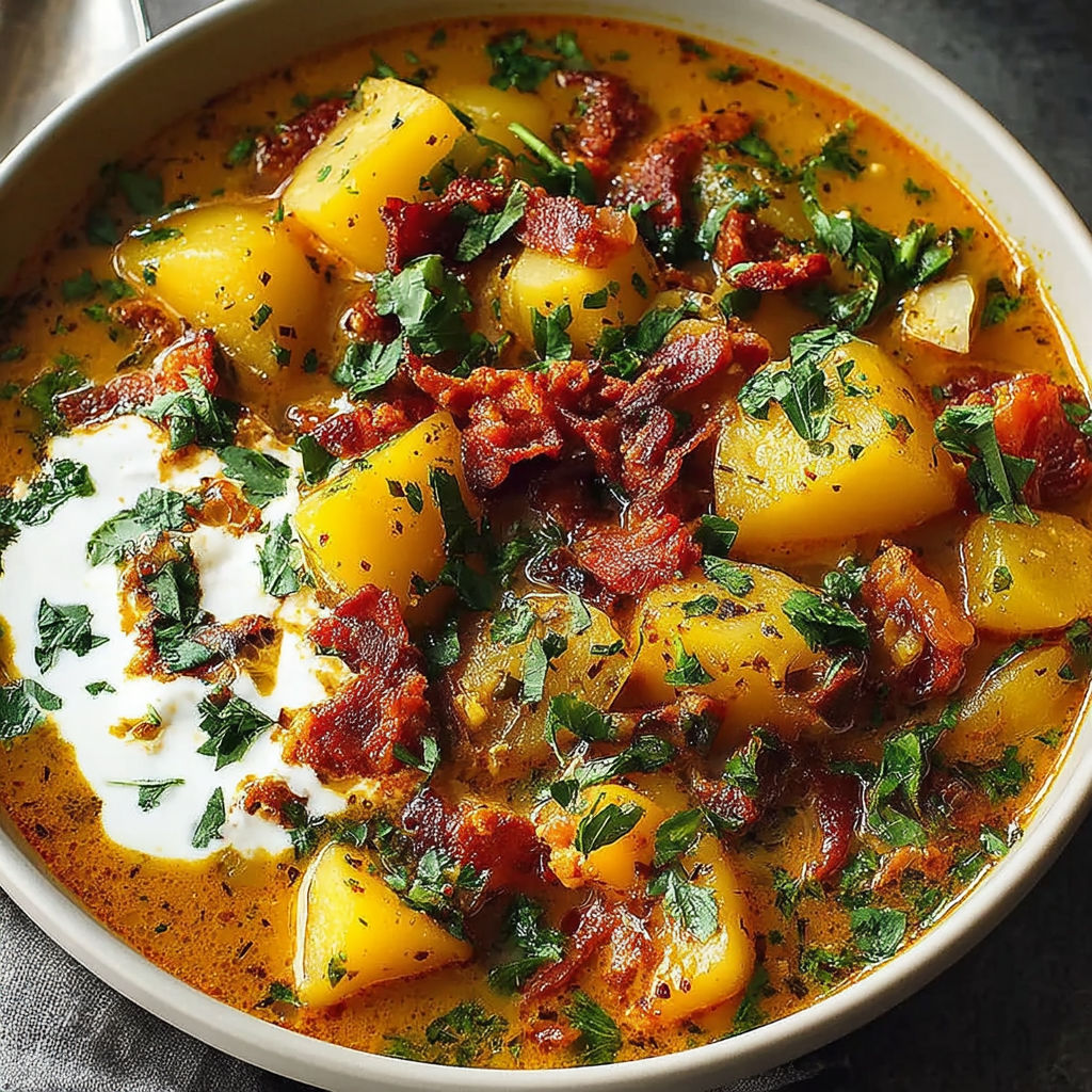 A bowl of soup with chorizo and potatoes.