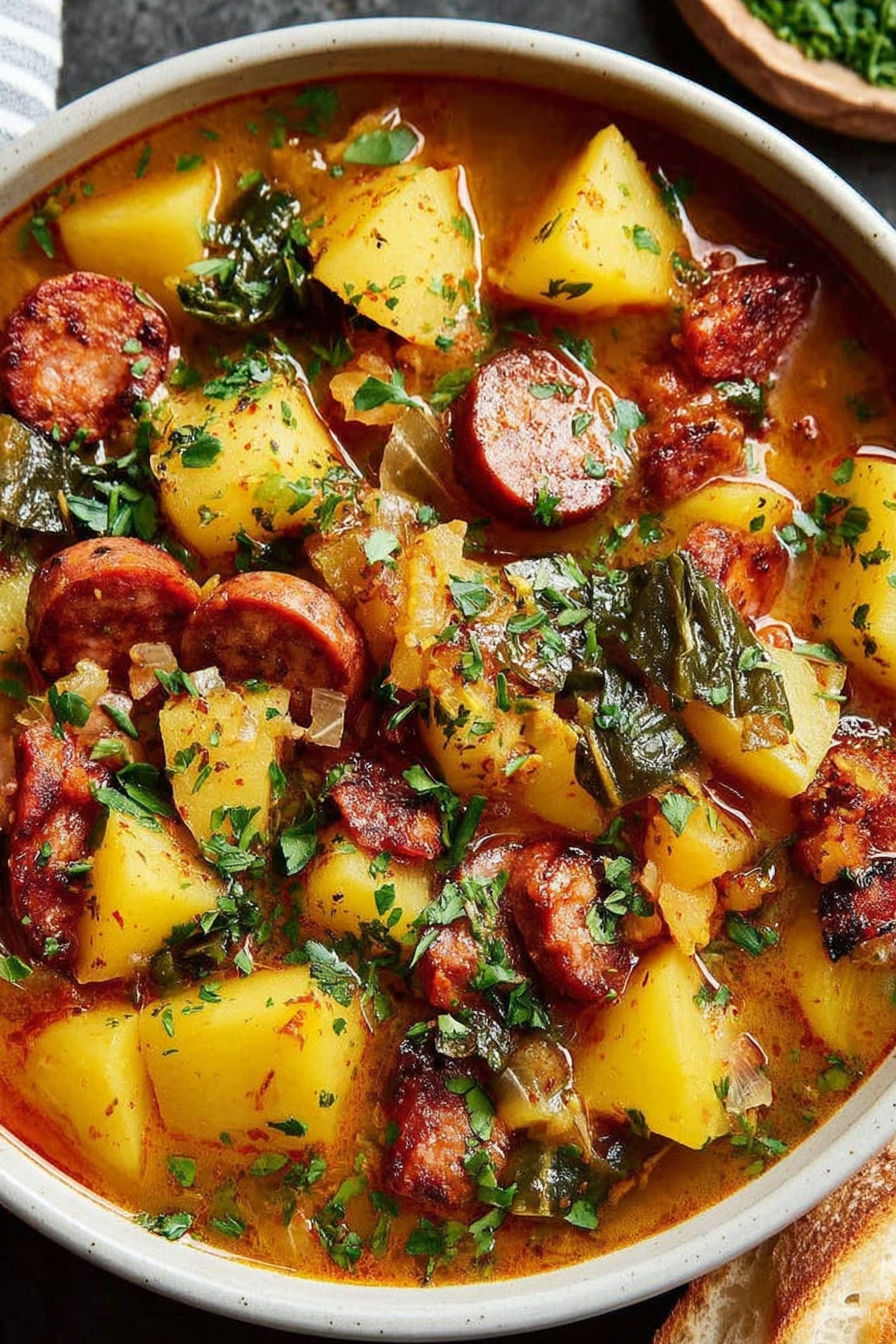 A bowl of soup with sausage and potatoes.