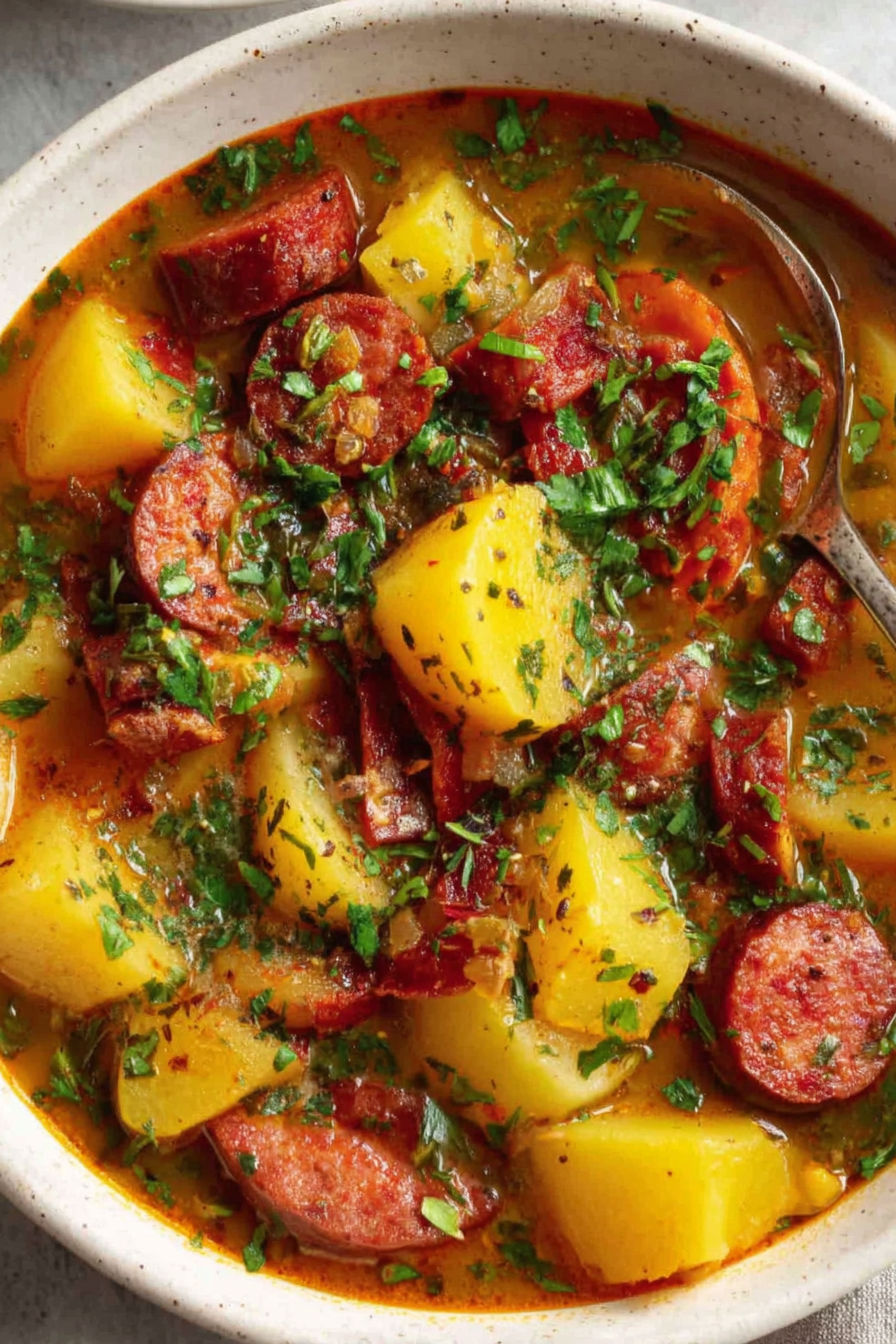 A bowl of soup with sausage and potatoes.