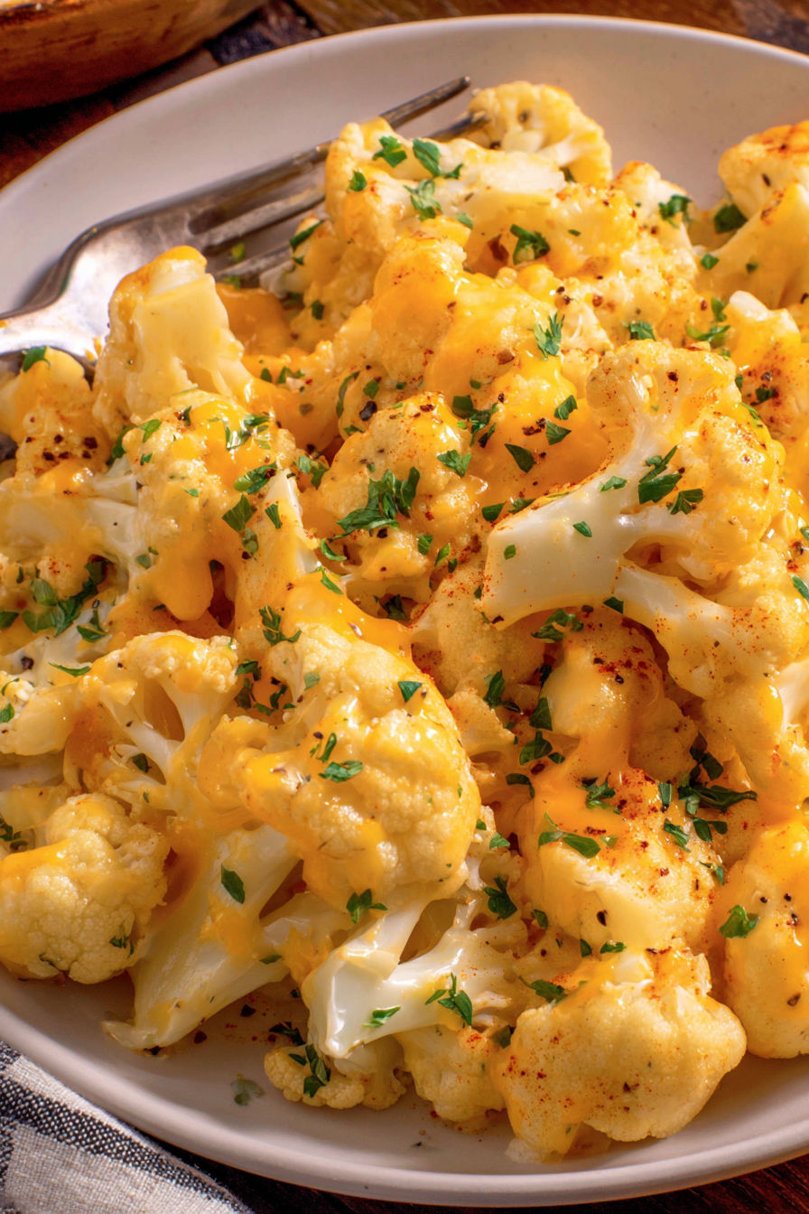 A close up of a delicious looking cauliflower mac and cheese.