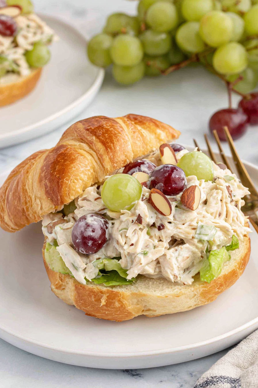 A sandwich with chicken salad and grapes.