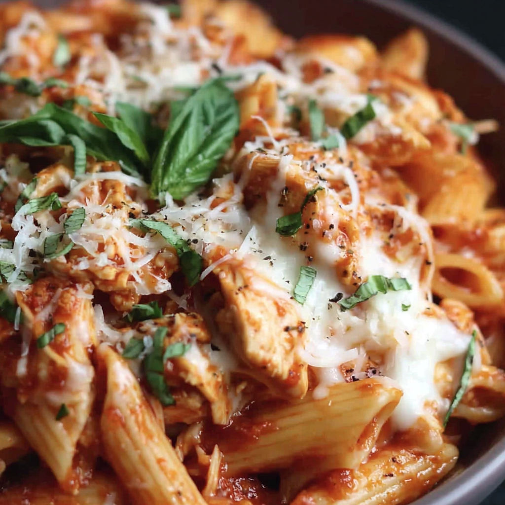 A bowl of pasta with cheese and chicken.