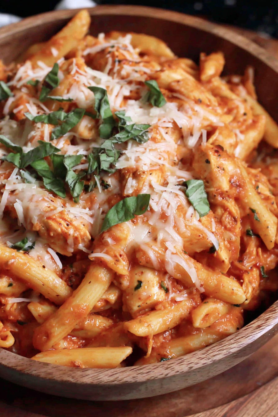 A bowl of chicken salad with pasta.