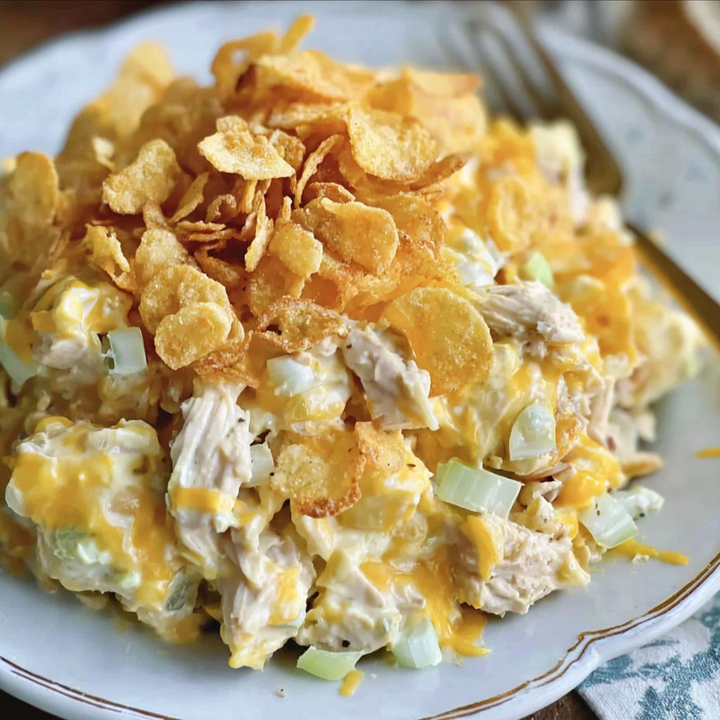 A plate of creamy chicken salad casserole.