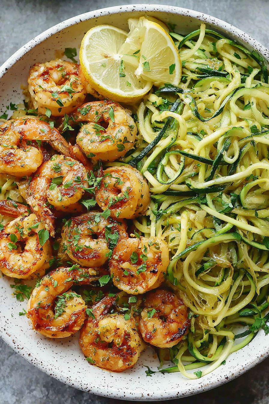 A plate of shrimp and zucchini noodles.