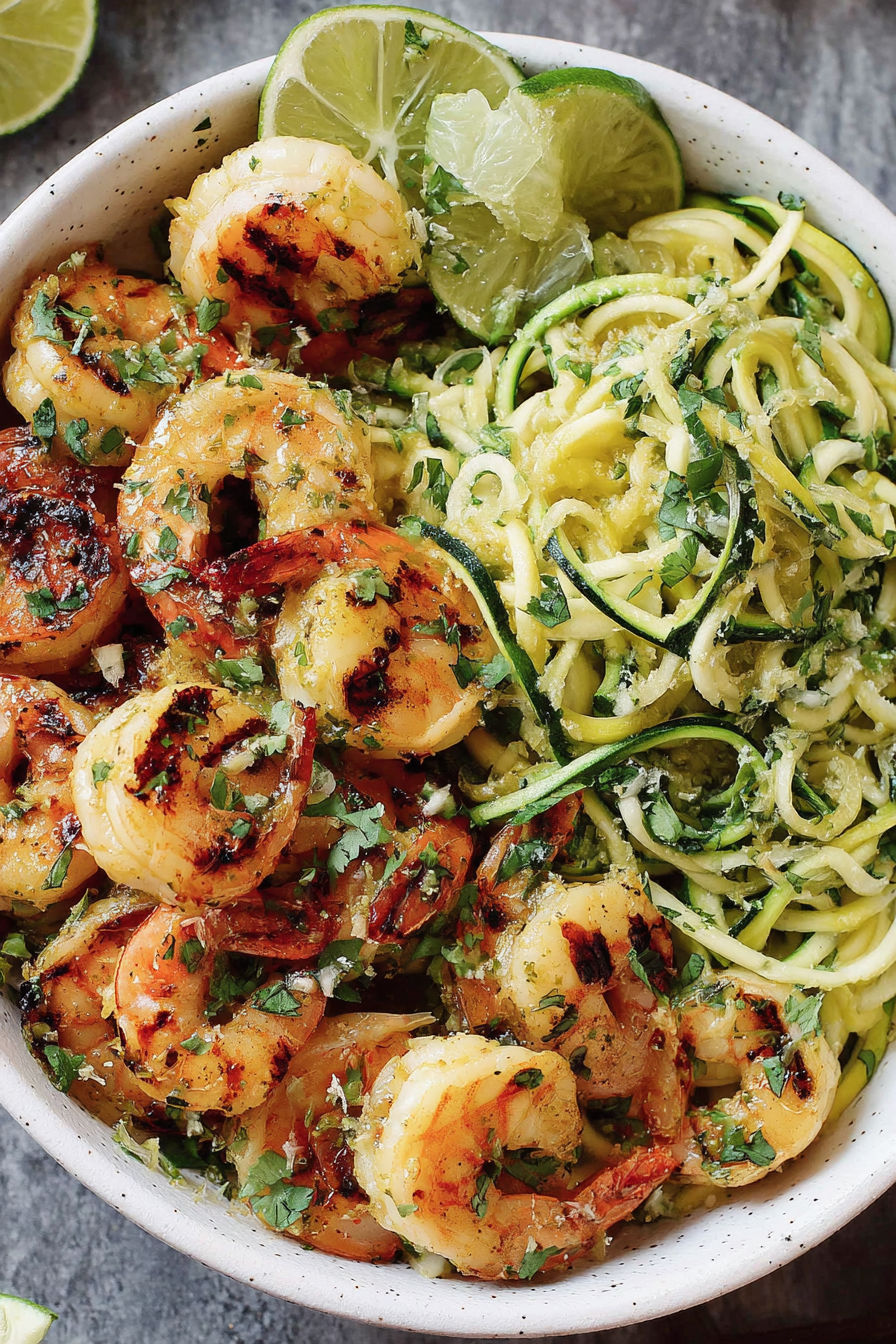 A bowl of shrimp and zucchini noodles.
