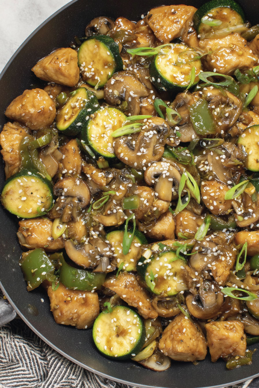 A dish of Mushroom Chicken with vegetables.