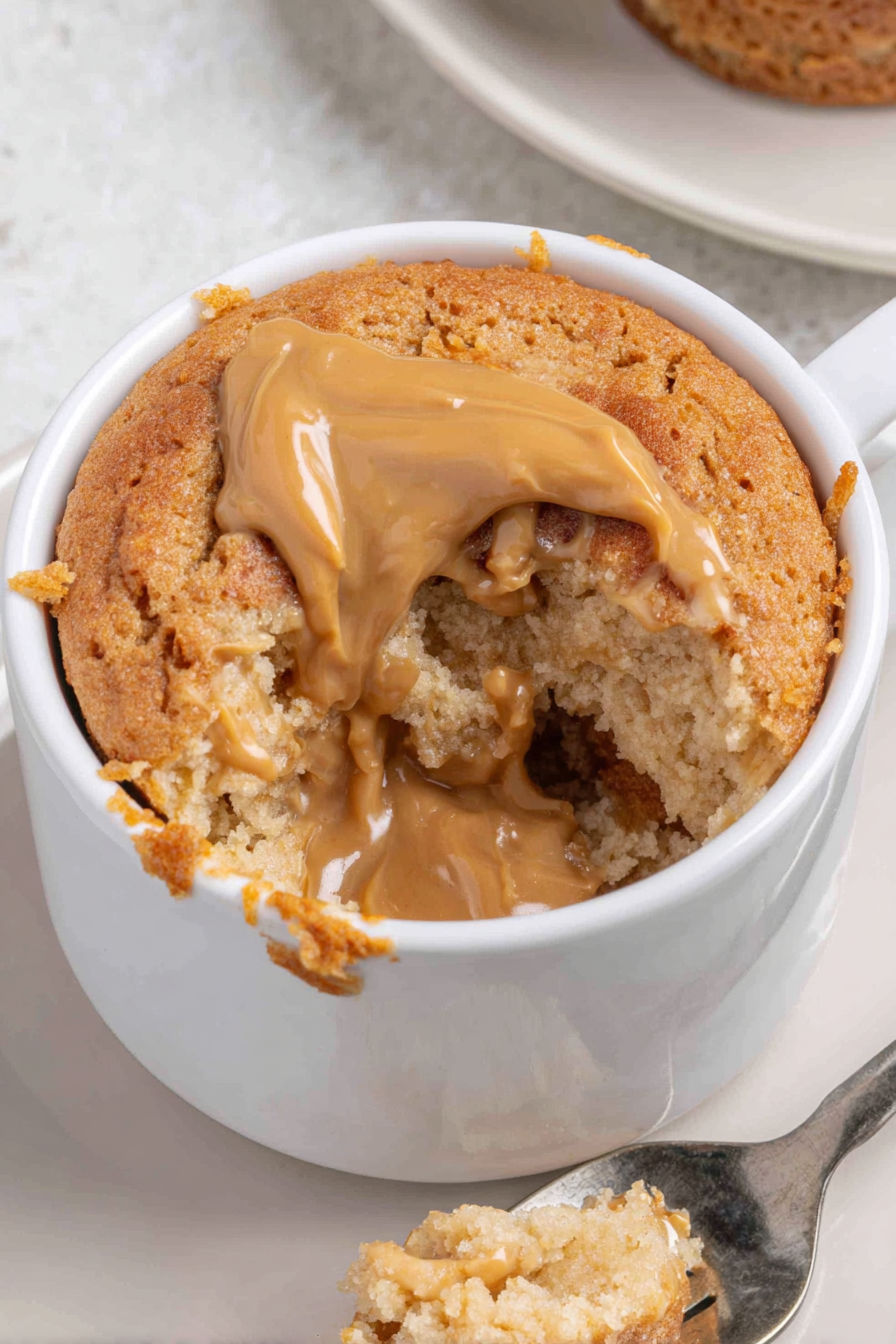 A peanut butter cake in a mug.