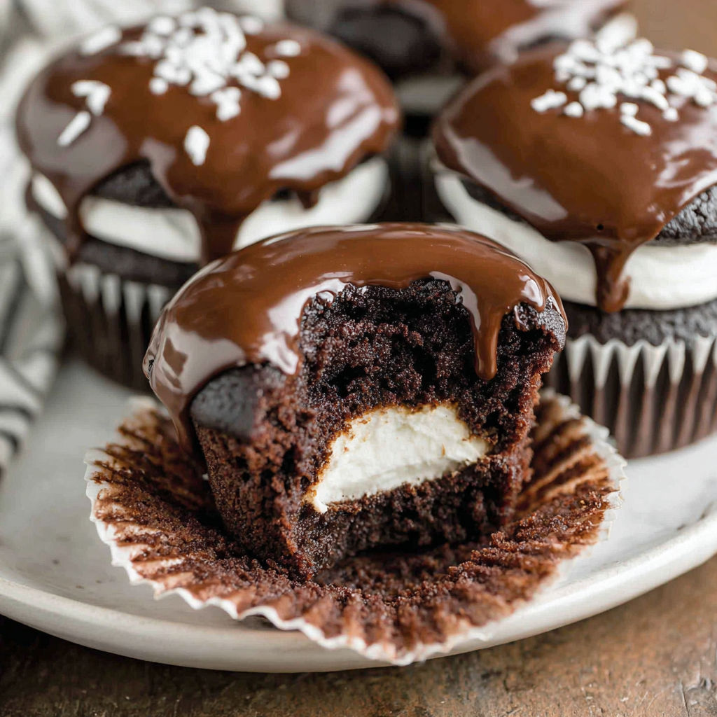 A chocolate cupcake with white frosting and chocolate drizzle.
